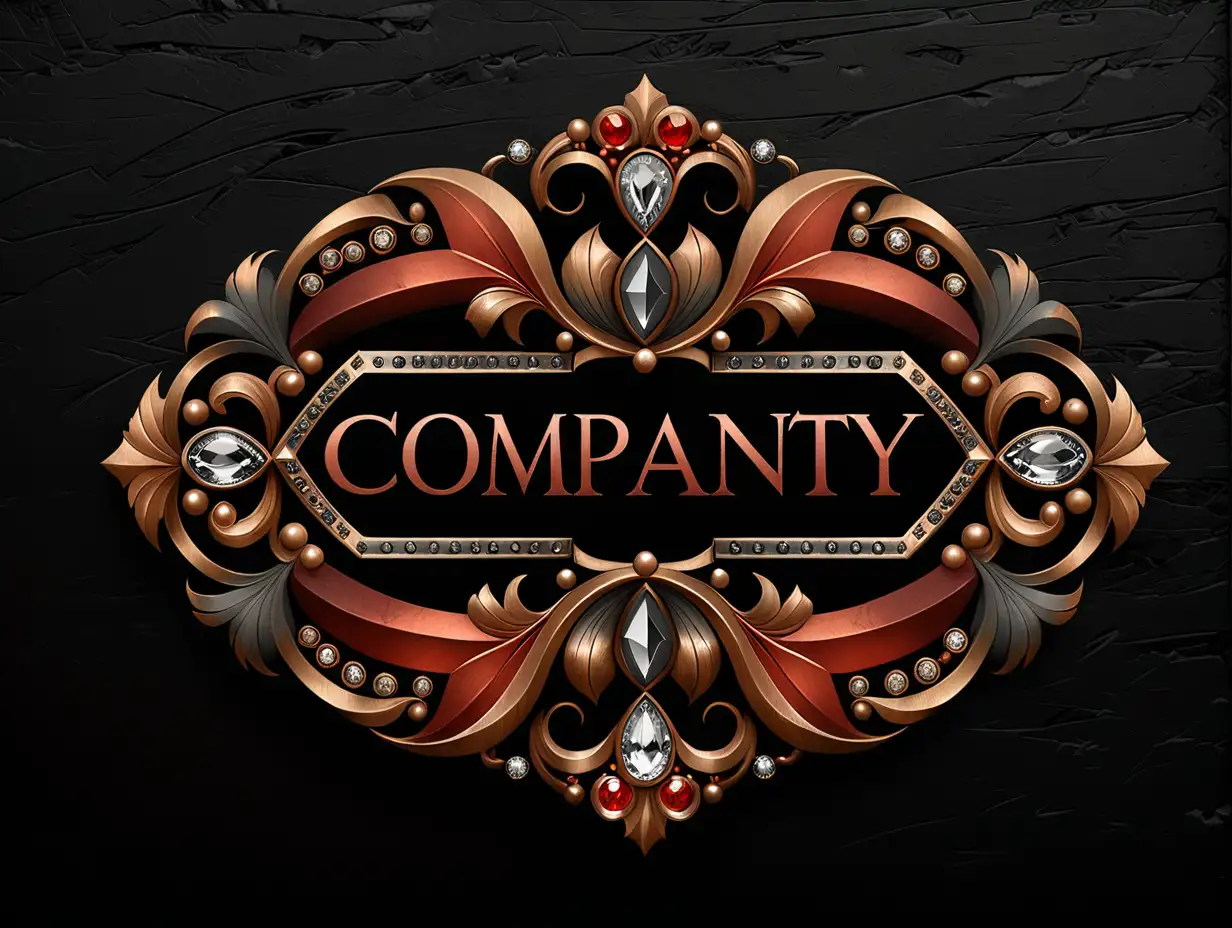 a company logo. russet red and bronze and charcoal gray, vintage  with jewel accents. black background
