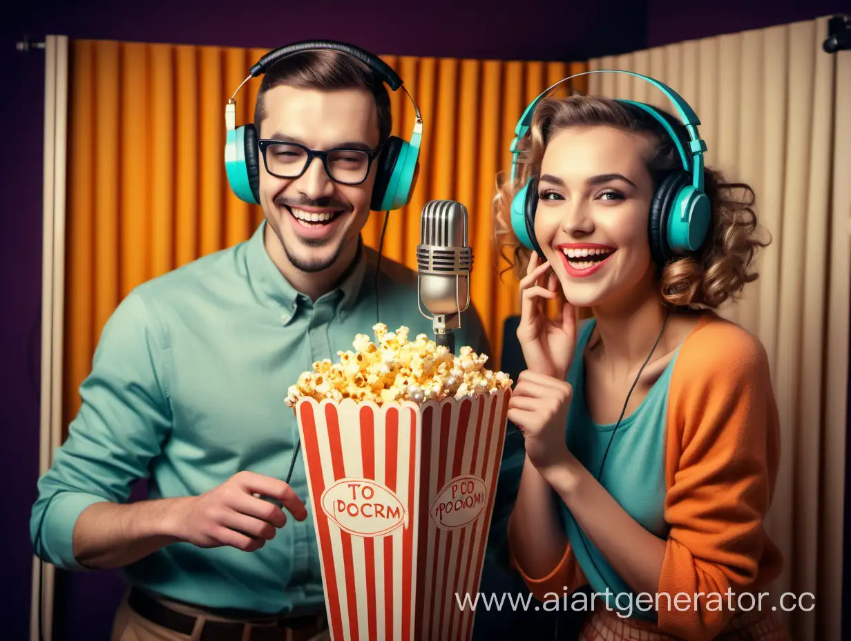 интеллигентный мужчина и  интеллигентная женщина в наушниках улыбаются перед микрофоном в уютной ретро студии звукозаписи в цветах и стиле пачки попкорна