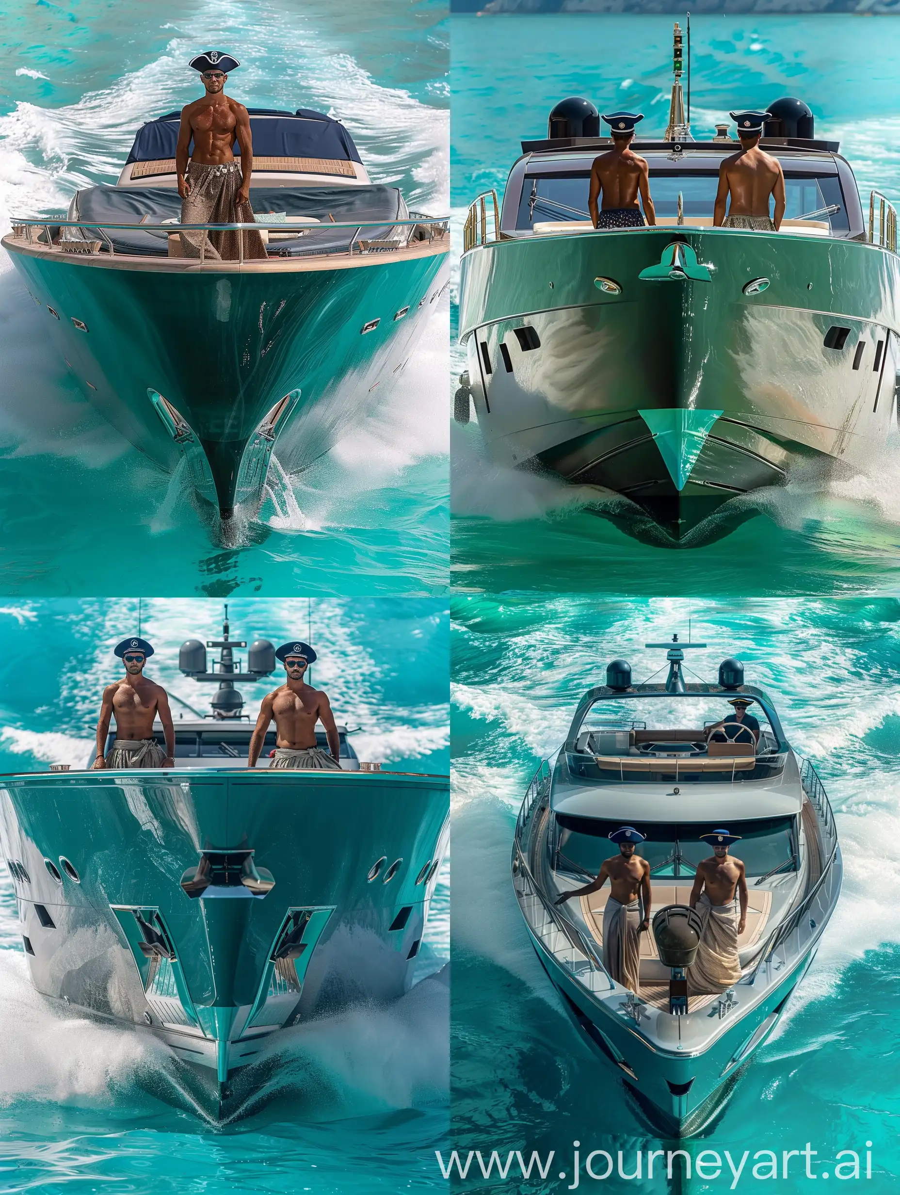 two men standing at the front of a large yacht. They are wearing navy captains hats and loose flowing beachwear. The boat is in a lake of brilliant turquoise water with waves crashing behind.