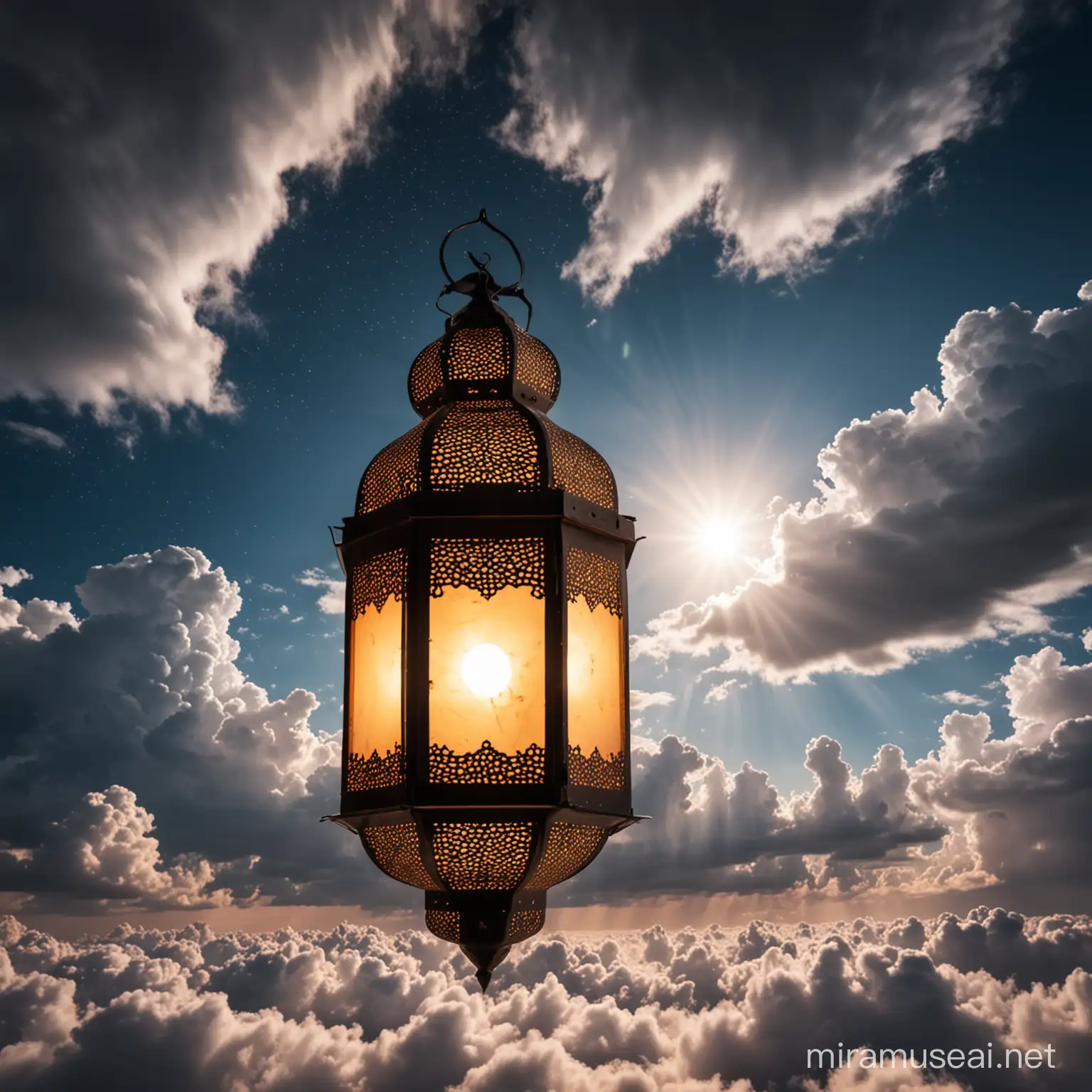 islamic lantern, in between clouds, divine ramadan mood,