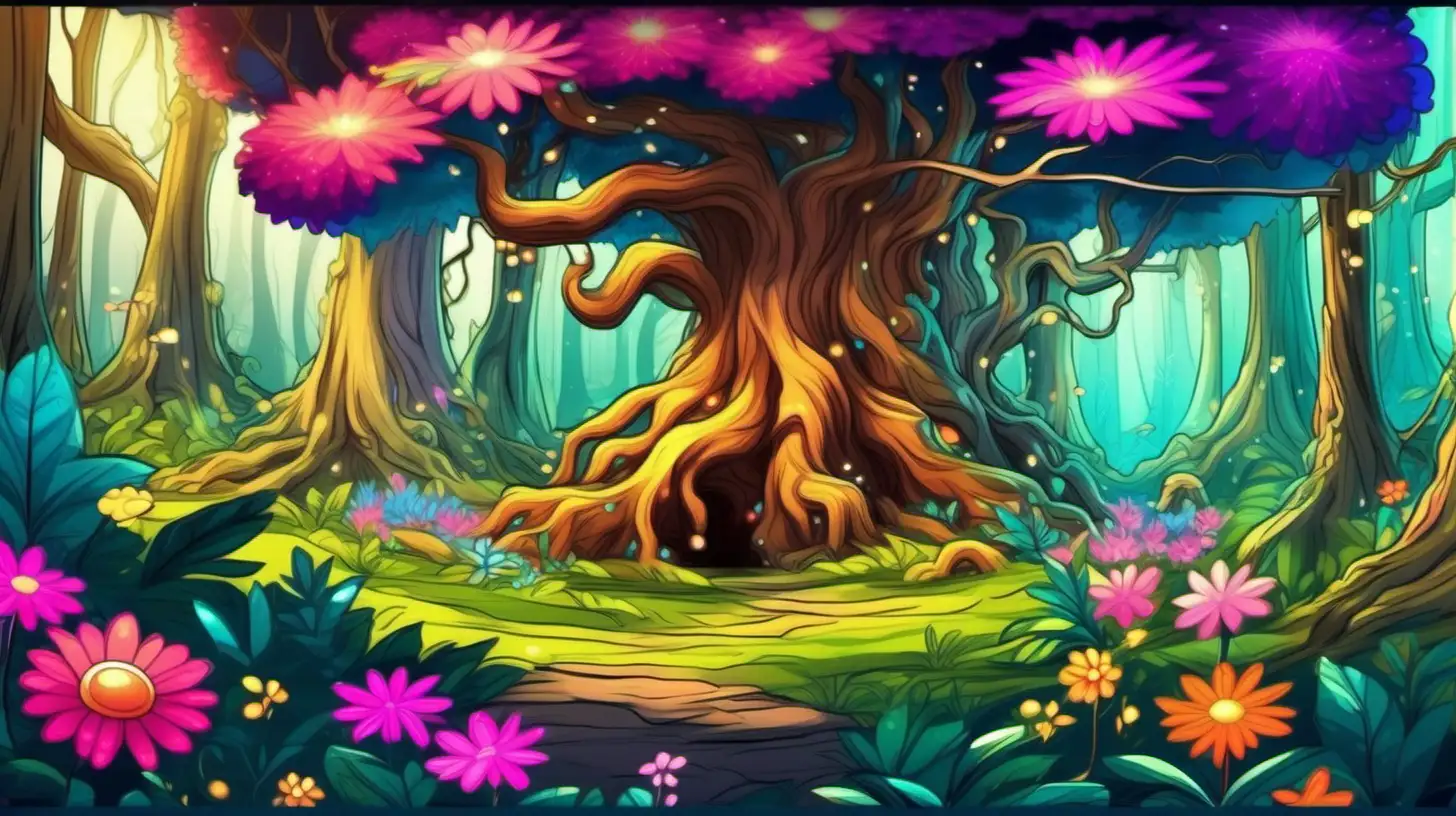 Enchanting Cartoon Forest with Giant Trees and Vibrant Flowers