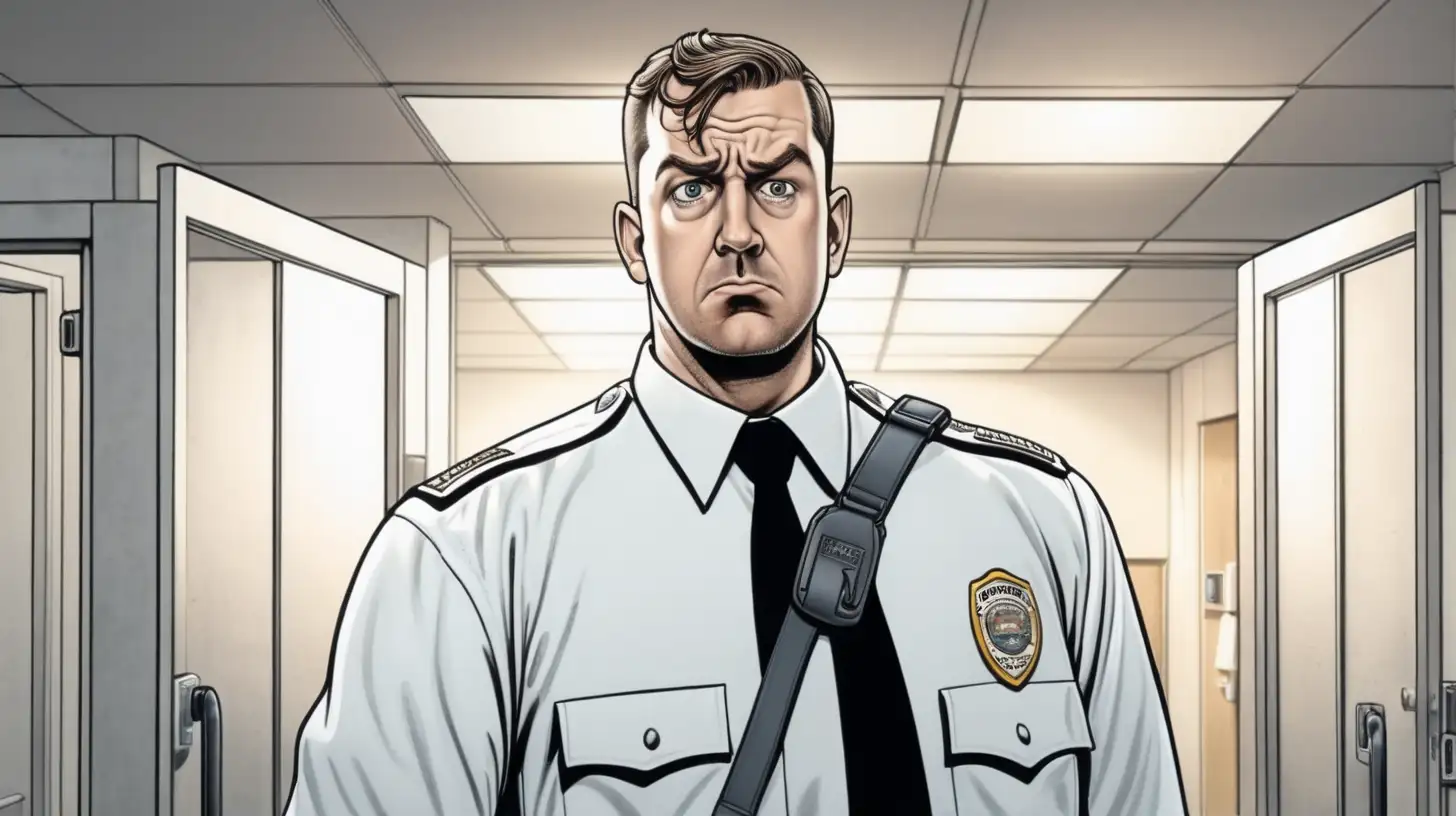 american comic, cinematic lighting, 40-year-old white male security guard is going outside from security office and feeling uneasy in morning 