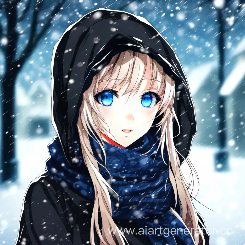 Аниме девушка с синими глазами в черном шарфе на фоне снегопад