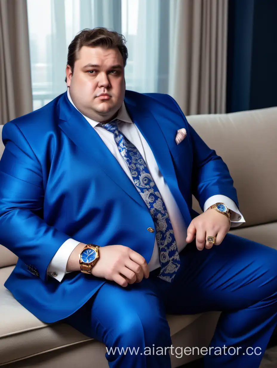 Affluent-Man-in-Opulent-Blue-Suit-Adorned-with-Expensive-Watches