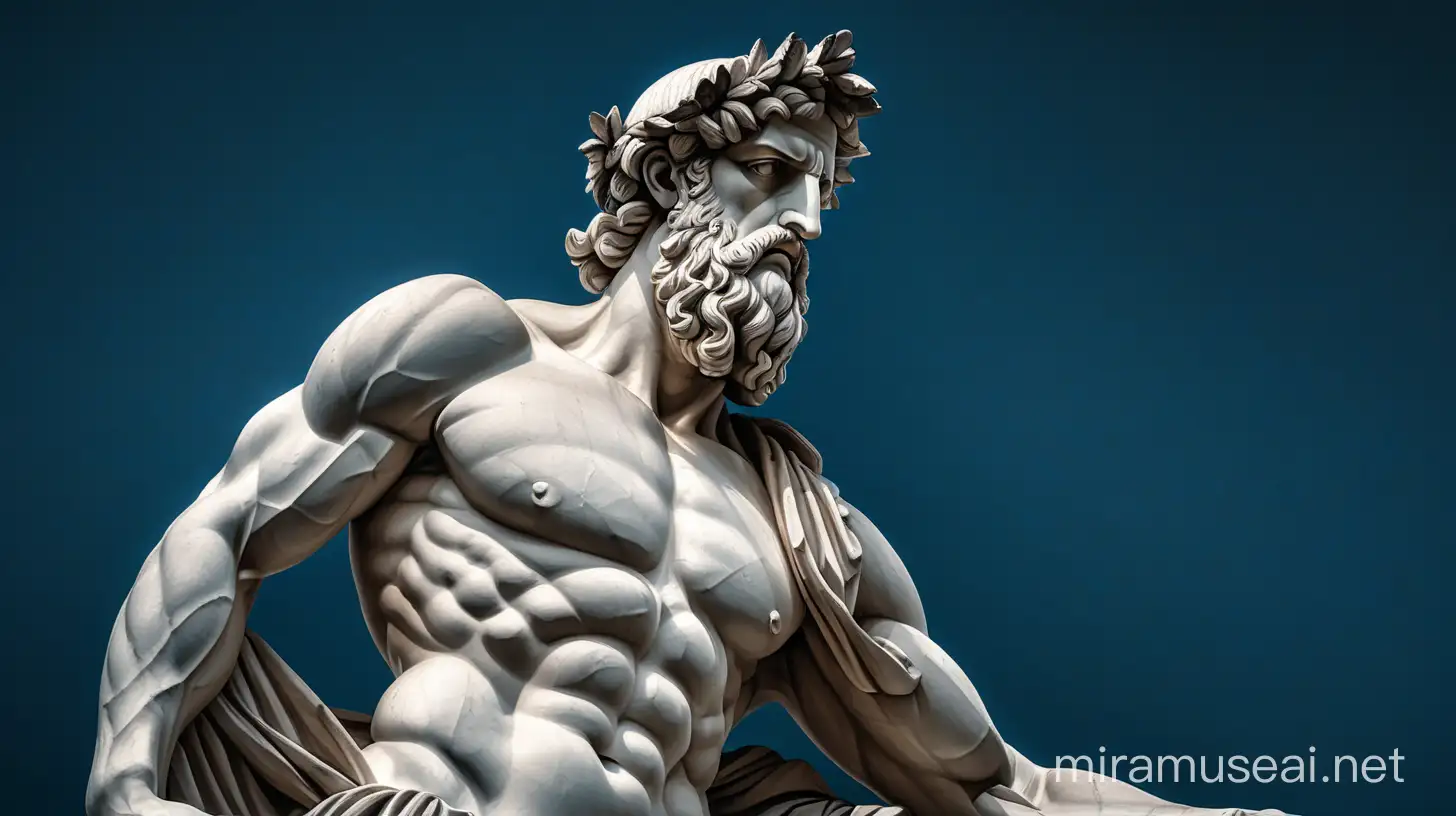 "Create an image of a stoic Greek statue depicting a muscular man embodying the principles of stoicism. Craft the statue with chiseled features, reflecting inner strength and resilience. Place the stoic figure in a classical pose against a backdrop reminiscent of ancient Greek aesthetics, perhaps with subtle shadows to enhance the sculptural details. This prompt seeks to capture the essence of stoicism in the form of a timeless and muscular Greek statue, paying homage to both philosophy and classical art." Also dark blue fogy background with ancient historic building 