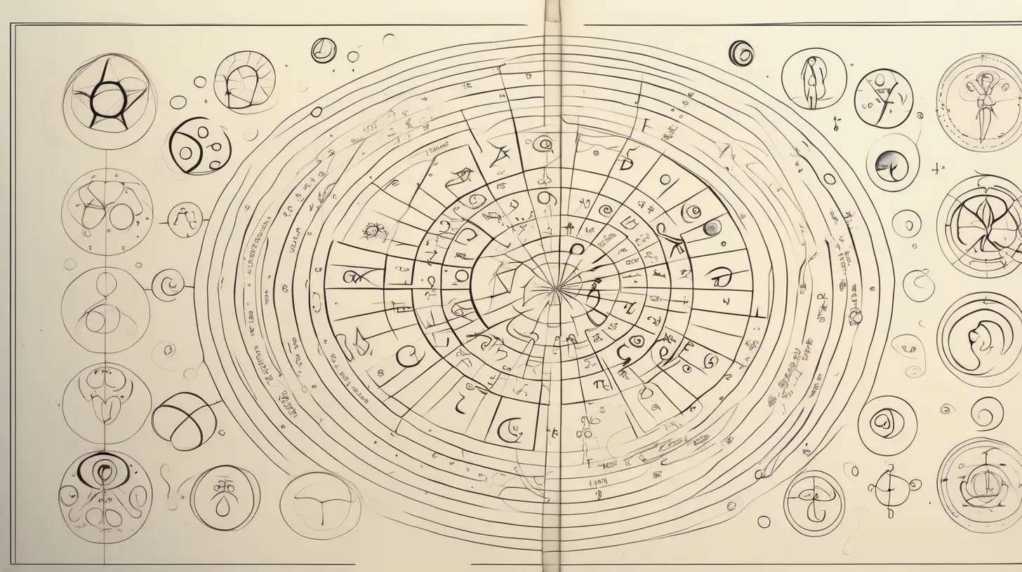 Zodiac signs, descriptions, on Light white page, drawn with very loose lines, loose circles, with text