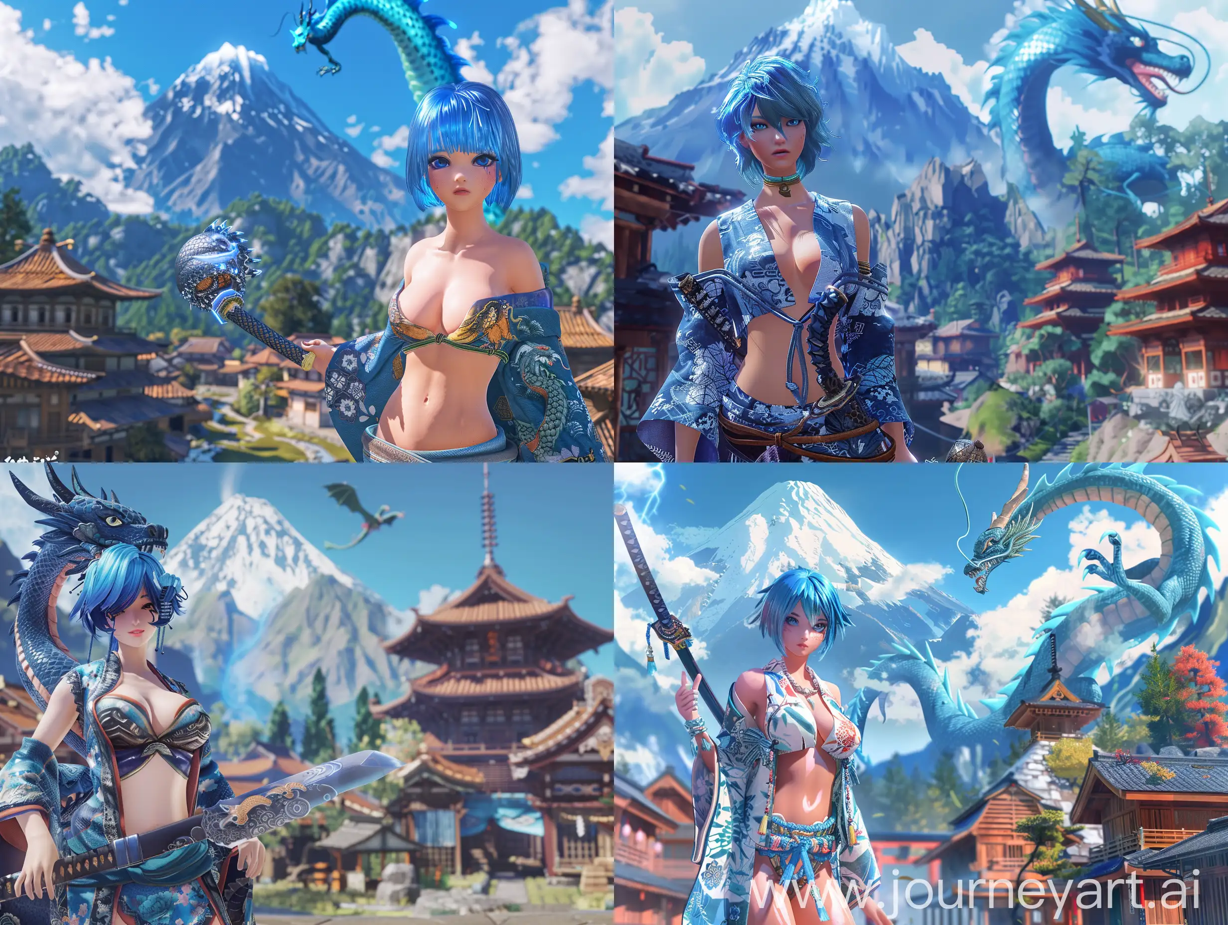 A mountain in the background, a blue dragon in the sky, a village with Far Eastern architecture in the foreground, the full body of a very beautiful Japanese girl wearing a low-cut kimono and holding a large, fantastic sword in her hand. The girl's hair color is blue. The girl should be visible up to her feet without being too prominent. Quality unreal engine 4