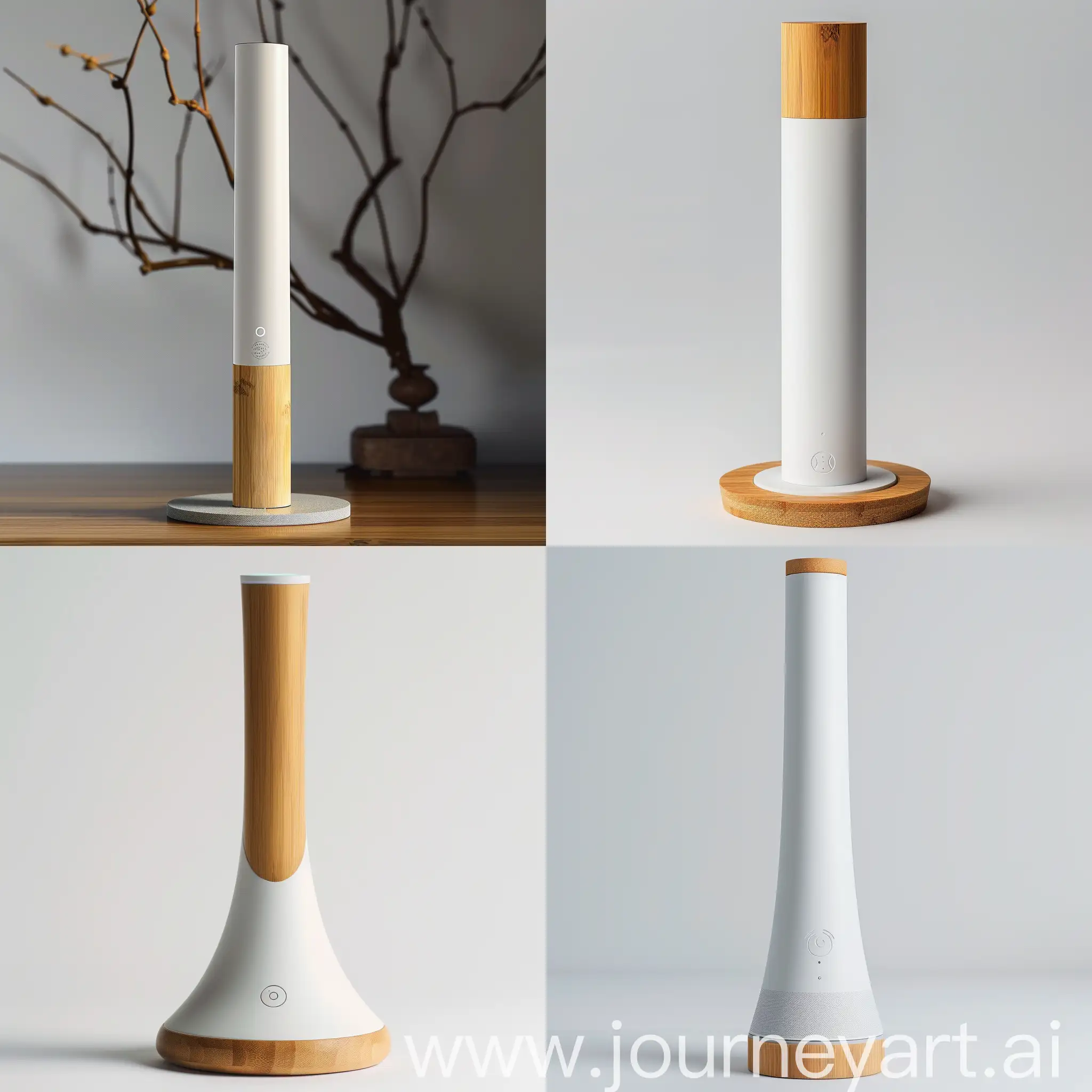"Imagine a slender, stand-alone energy gateway with a slight taper towards the top, inspired by Japanese minimalism. The base is made of sustainable bamboo, while the body is constructed from recycled plastics, finished in white or light gray. Standing 30 cm tall with a circular base diameter of 8 cm, this device features soft LED lighting for notifications and a laser-engraved logo on the bamboo base. It serves as a central hub for smart home devices, simplifying energy management with a touch of japanese bamboo zen garden form and structure and Zen-inspired elegance, blending seamlessly into eco-conscious homes."realistic style