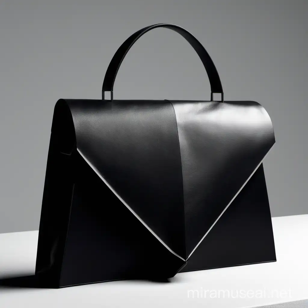 I want an idea for a nice bag in a modern minimalist style for modern women from Milan in black leather. The bag should have an interesting front flap of geometric shape or geometric stitching