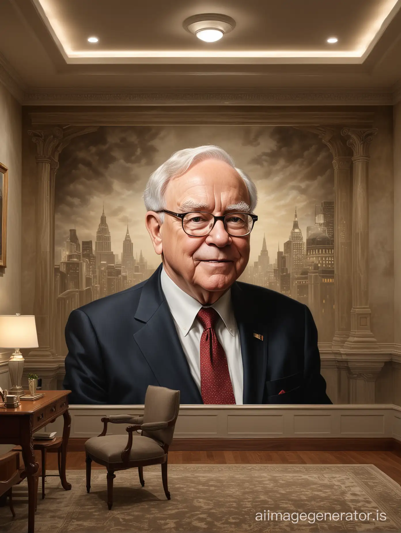 A highly realistic mural capturing Warren buffet in an elegant, dimly lit study, in mid-conversation, with the ambiance of the room reflecting a sense of future possibilities, hyper realistic, ultra realistic details