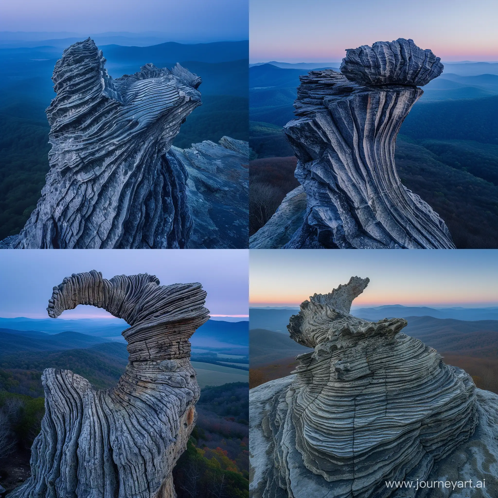photo of humpback rock outcrop, outcrop is in the shape of a breaching humpback whale, looks exactly like a humpback whale, head shape and fin shape visible with striations, virginia, rolling blue ridge mountains in the background fading into deep blue, drone photography looking at the outcrop, morning, crisp, award winning landscape, sunrise, beautiful, gently lit by the sunrise