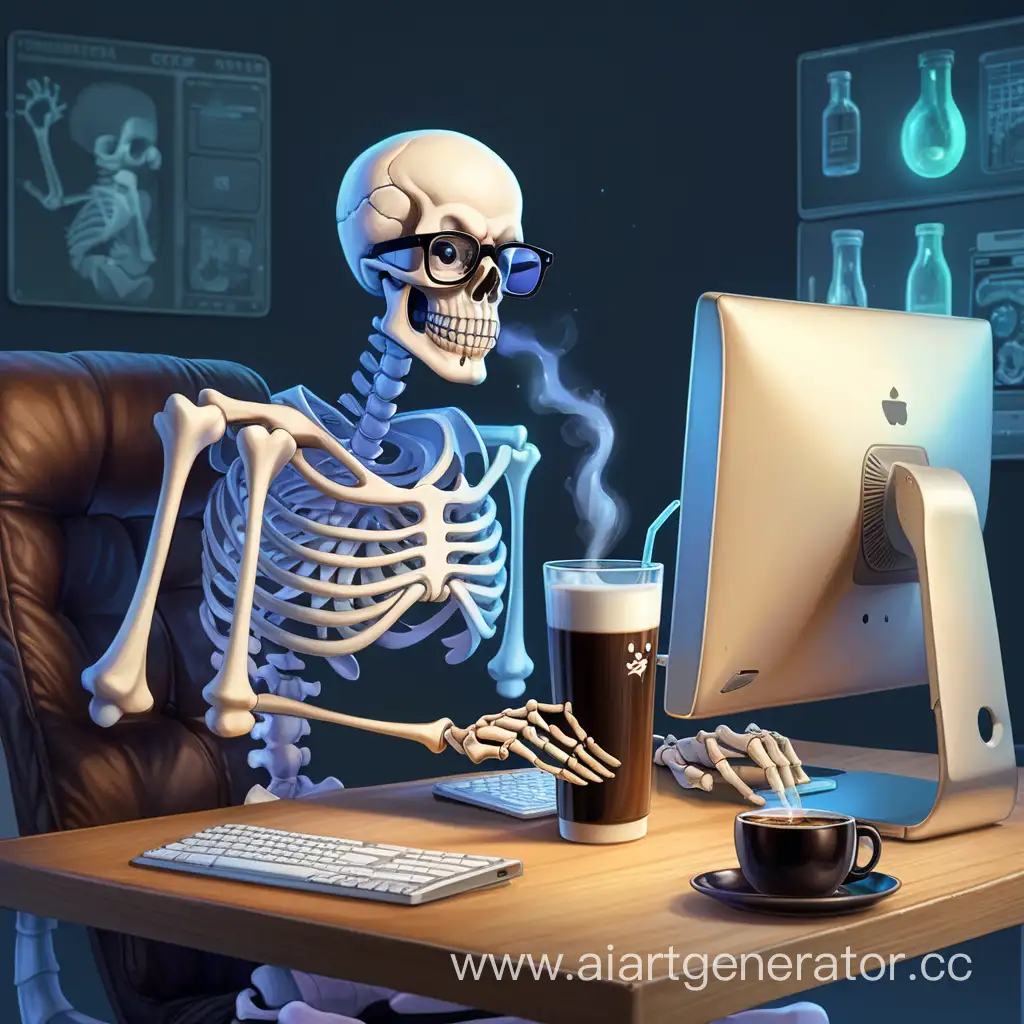 Скелет в халате учёного и с очками на глазах сидит за компьютером и пьёт горячий кофе