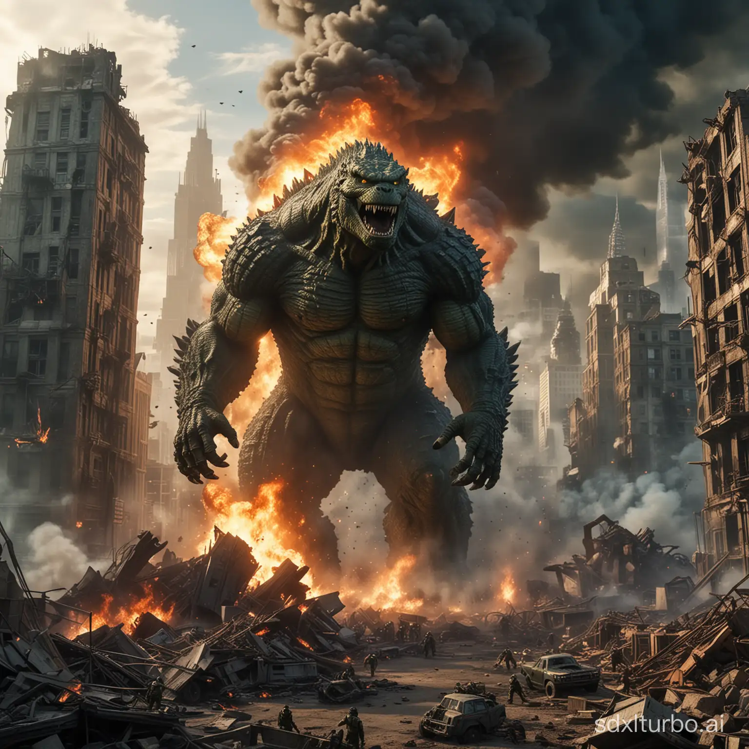 In the future city, a scene of ruins prevails, with buildings toppling and leaning chaotically. Smoke and flames rise everywhere as Godzilla battles Hulk in a fierce confrontation