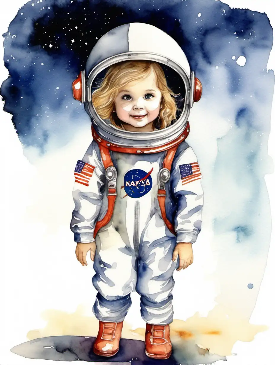 Adorable little girl dressed like an astronaut holding helmet, —no flag, watercolour