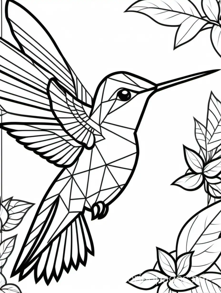 Hummingbird, geometrical shapes background, Coloring Page, black and white, line art, white background, Simplicity, Ample White Space. The background of the coloring page is plain white to make it easy for young children to color within the lines. The outlines of all the subjects are easy to distinguish, making it simple for kids to color without too much difficulty