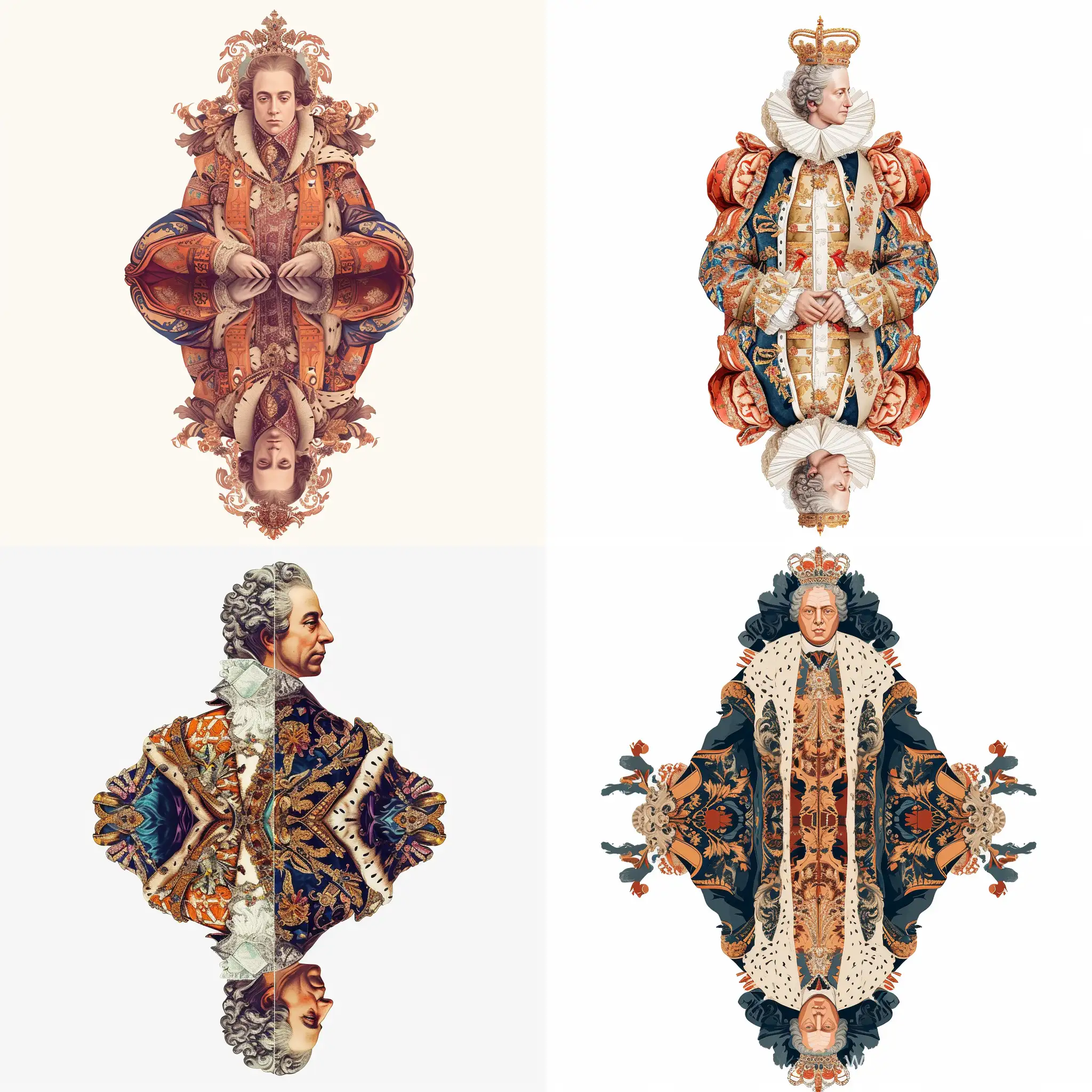 Ornamental portrait of the King of France in rich clothes, reflected vertically,on a white background, flat illustration, watercolor style by Victor Ngai