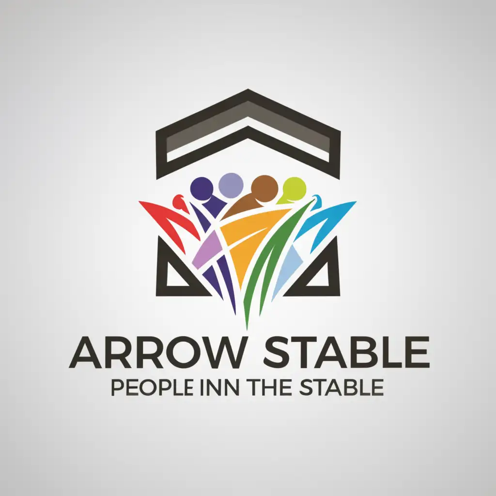 a logo design,with the text "Arrow, stable, people in the stable", main symbol:Stable for horses in which a multitude of depersonalized people will stand,complex,be used in Retail industry,clear background