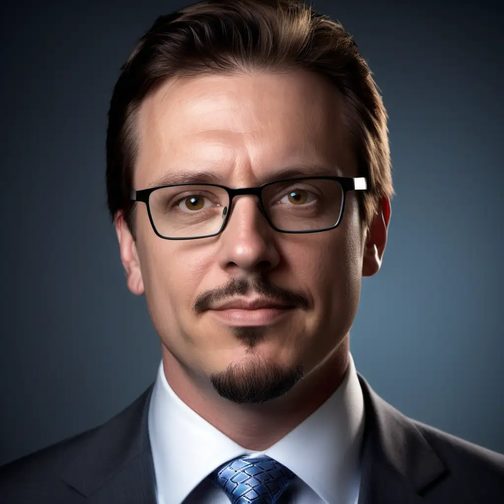 Professional, confident LinkedIn profile image: a white male with a goatee, slim glasses, neatly styled brown hair, wearing a gray suit, crisp white shirt, and a blue tie. Descriptive Phrase: 'Corporate leader, charismatic presence'. Photo type: Close-up headshot. Lighting: Soft studio lighting with a focus on the face. Camera type: Canon EOS R5. Camera angle: Eye level. Shutter speed: 1/125 second. Depth of field: Shallow, to blur the background and emphasize facial features. Lens type: 85mm lens. Aperture settings: f/2.8. Lens Length: 85mm. f-stop settings: f/2.8. Lighting conditions: Evenly lit with a softbox to eliminate harsh shadows, Ilford film stock --ar 1:1 --v 5.1 --style raw --s 750
