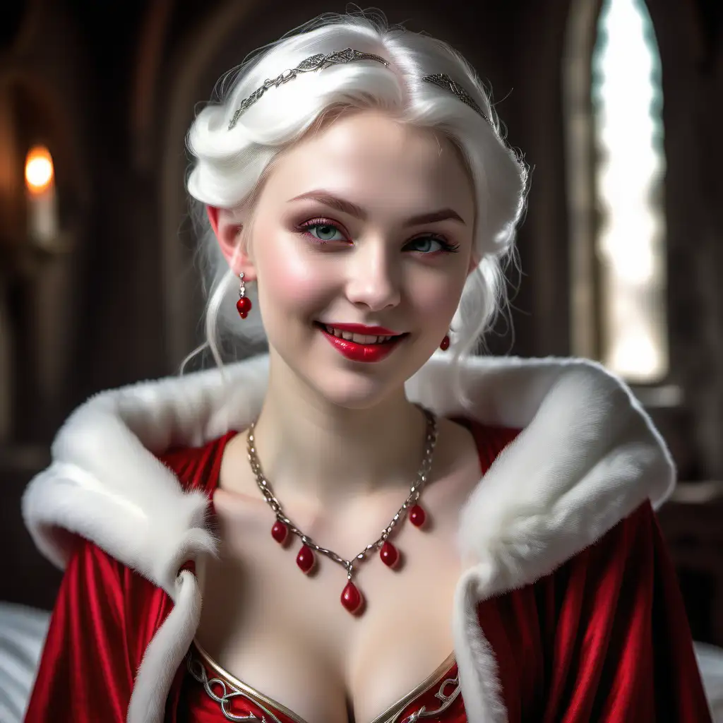 Beautiful voluptuous elf princess, age 22 years, short snow white hair, pointy ears, pale flawless skin, radiant smile, red silk cloak with white fur lining, revealing red nightgown, red lipstick, ruby necklace, ruby bracelets, ruby earrings, medieval fantasy, castle bedroom, boudoir photography, hyper-detailed, hyper-realistic, closeup portrait