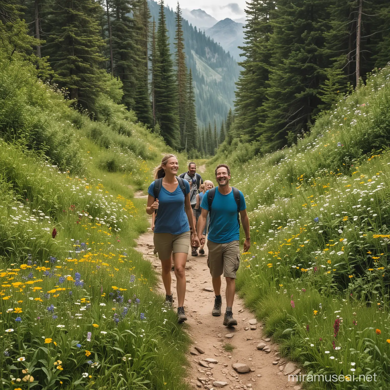"A father smiles as he leads his family on a scenic hike through the mountains, surrounded by lush greenery and vibrant wildflowers. They laugh and bond while getting their hearts pumping and enjoying the beauty of nature—a perfect blend of exercise and relaxation for a fulfilling weekend."
