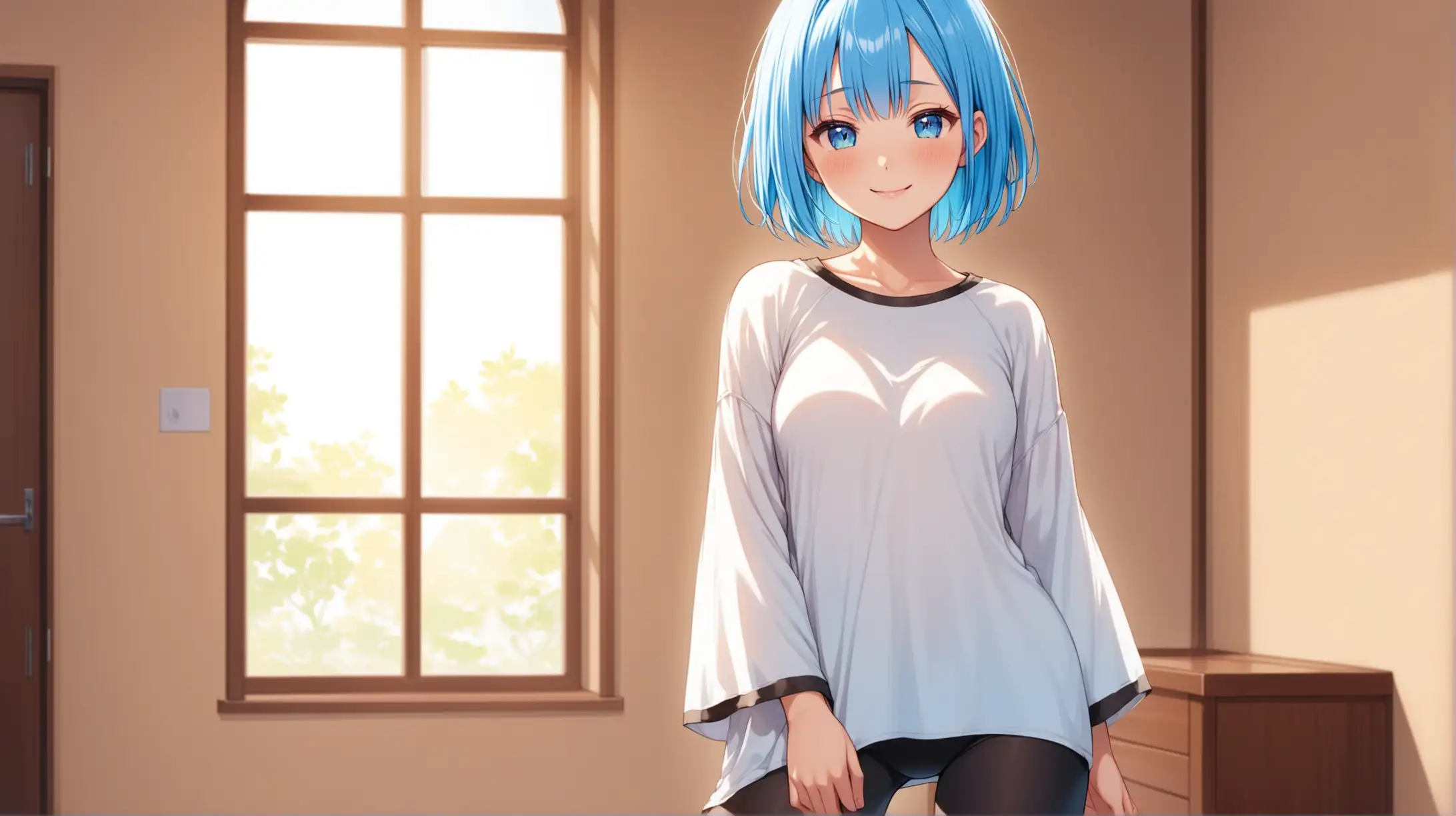 Rem Smiling Serenely Indoors in Casual Attire