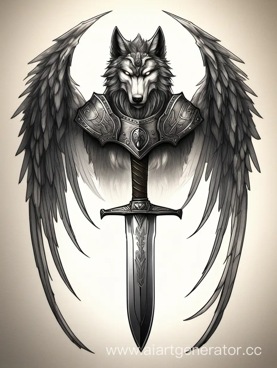 Draw a blade that shows a warrior with a wolf's head and wings of fire