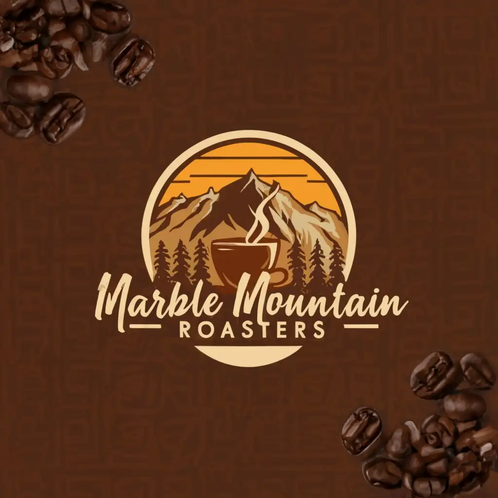 Logo-Design-for-Marble-Mountain-Roasters-Coffee-Cup-Beans-and-Mountain-with-Sun-Motif