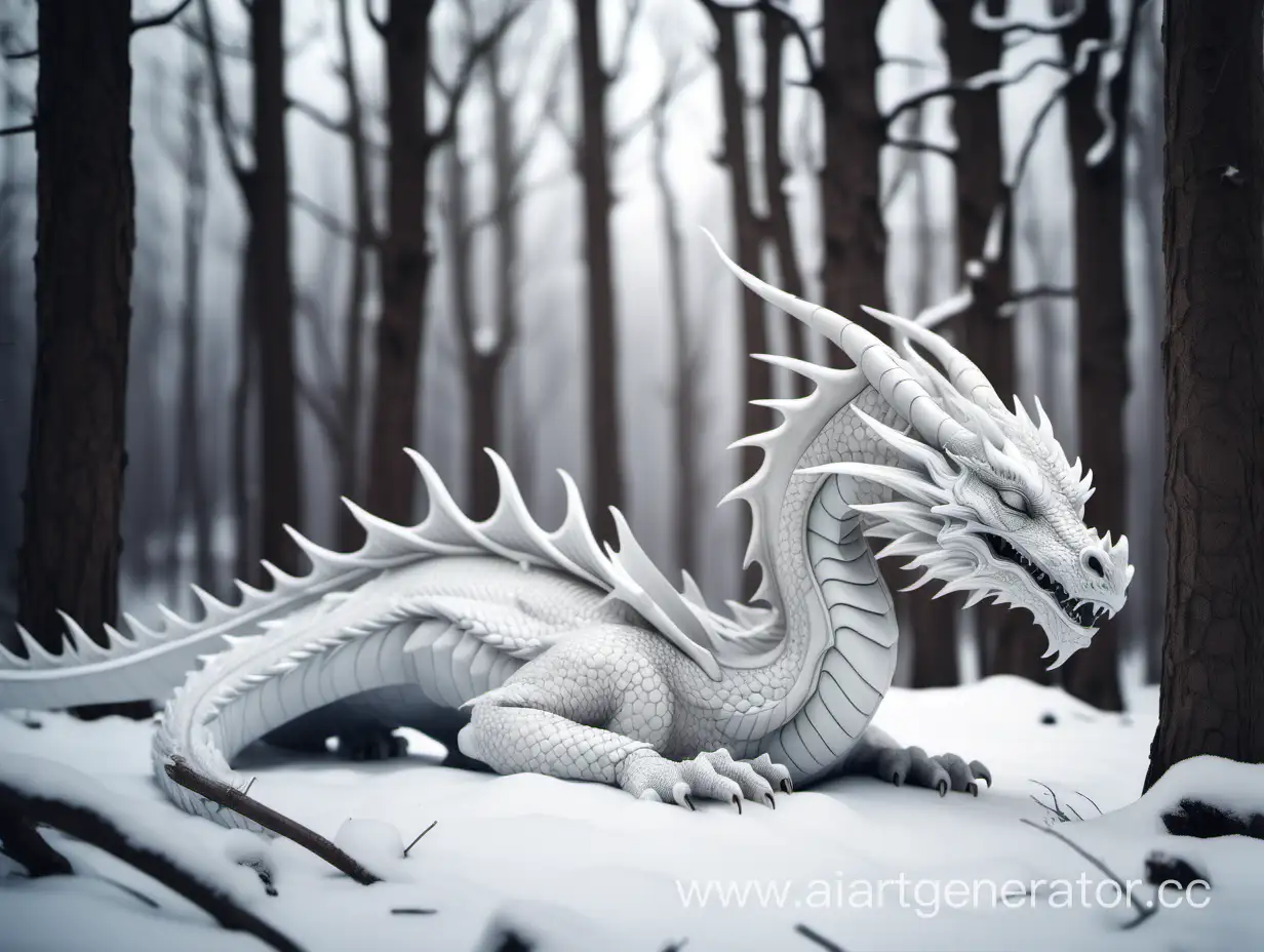 Белый дракон лежит с закрытыми глазами в зимнему лесу.