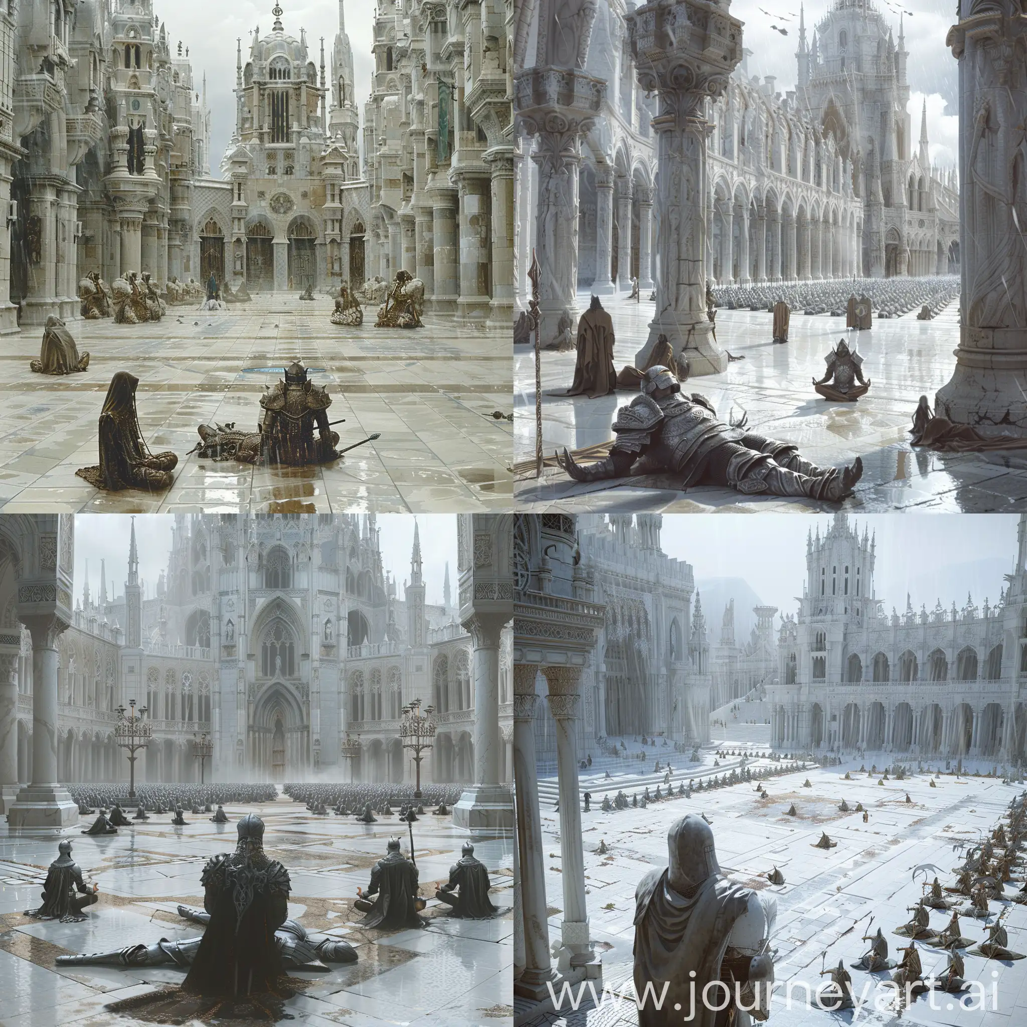A wide square of a Gothic city made of white marble, Thousands of elves meditate around a dead warrior, it's raining,