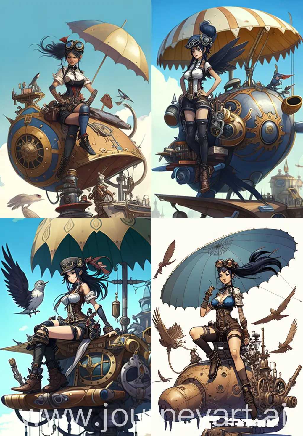 A steampunk-style woman sitting on top of an airship, holding onto the winged hand brave in armor and with a blue umbrella. She has long black hair tied back into a high ponytail. The background is a round sun. In front of her stands many different tools for repairing things. There's an owl perched next to it. A large clockwork engine sits at their feet. --ar 45:64 --stylize 999