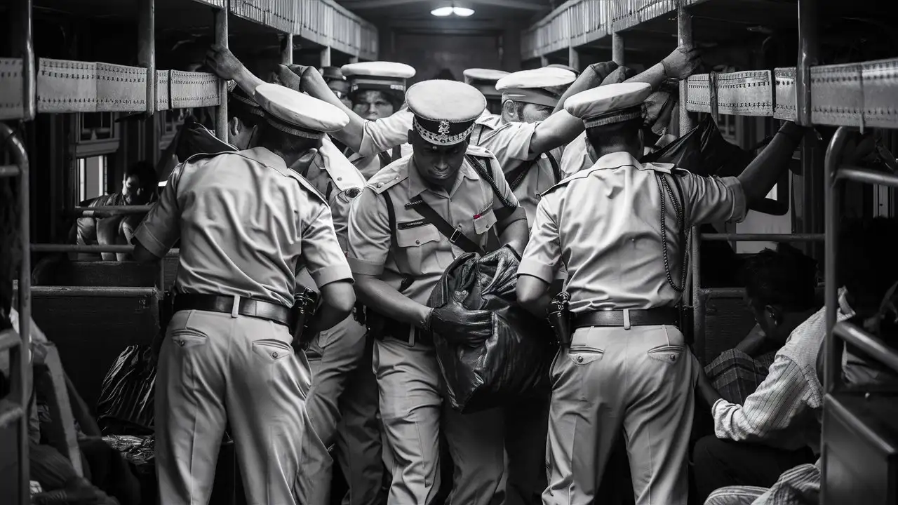 group of indian police men with khakee dress, searching a indian train coach, a black bag in hand, shot from behind