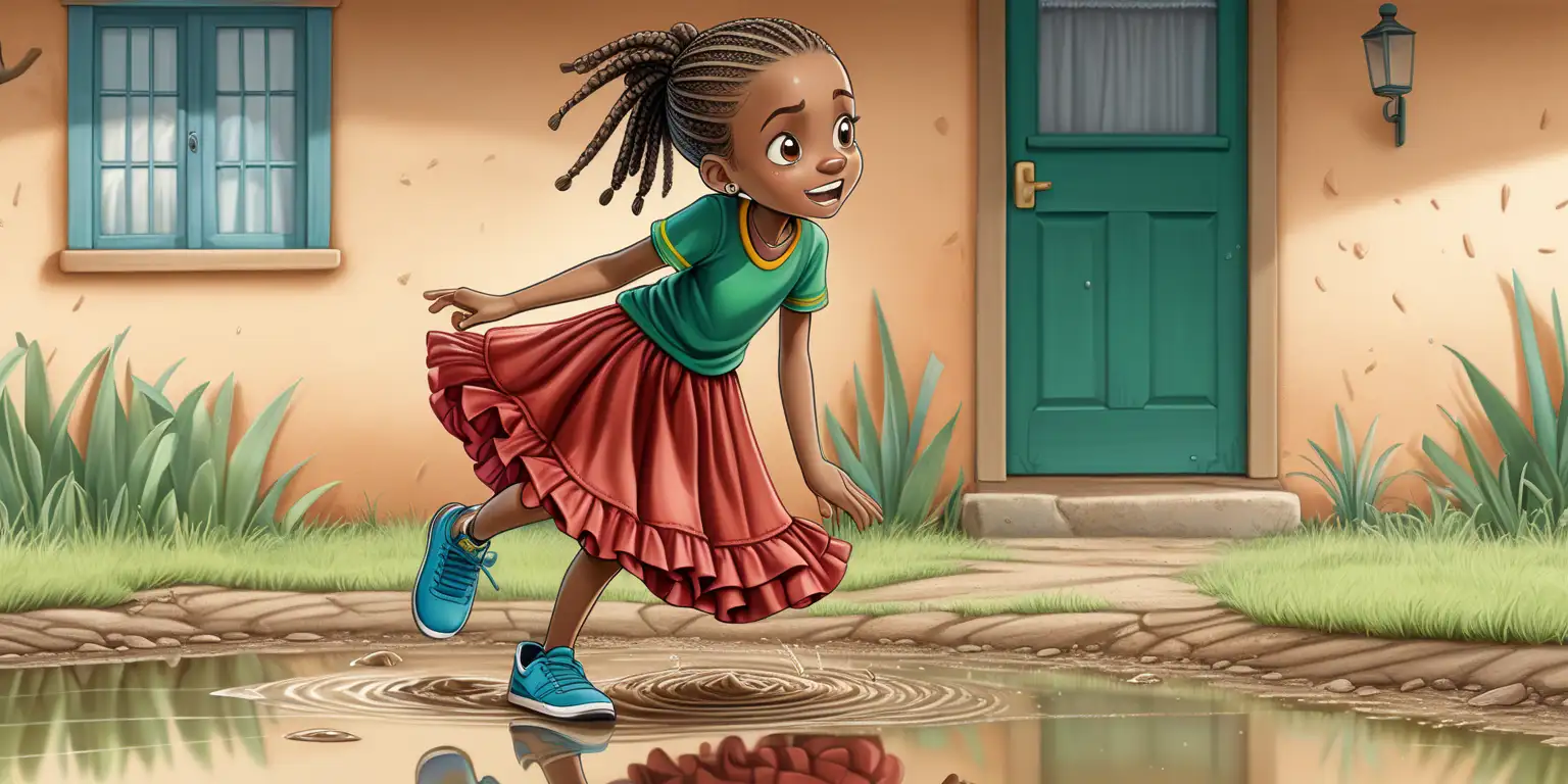 children's art illustration, full figure 10 year old african brown girl character fallen into a muddy water puddle in front of her brown and green african home, cornrow hairstyle, wearing a red green yellow and blue 4 layered coloured ballet frill skirt, a green shirt, black sneakers, , cute poses, shocked expressions, full colour, front view, side view, back view, no outline