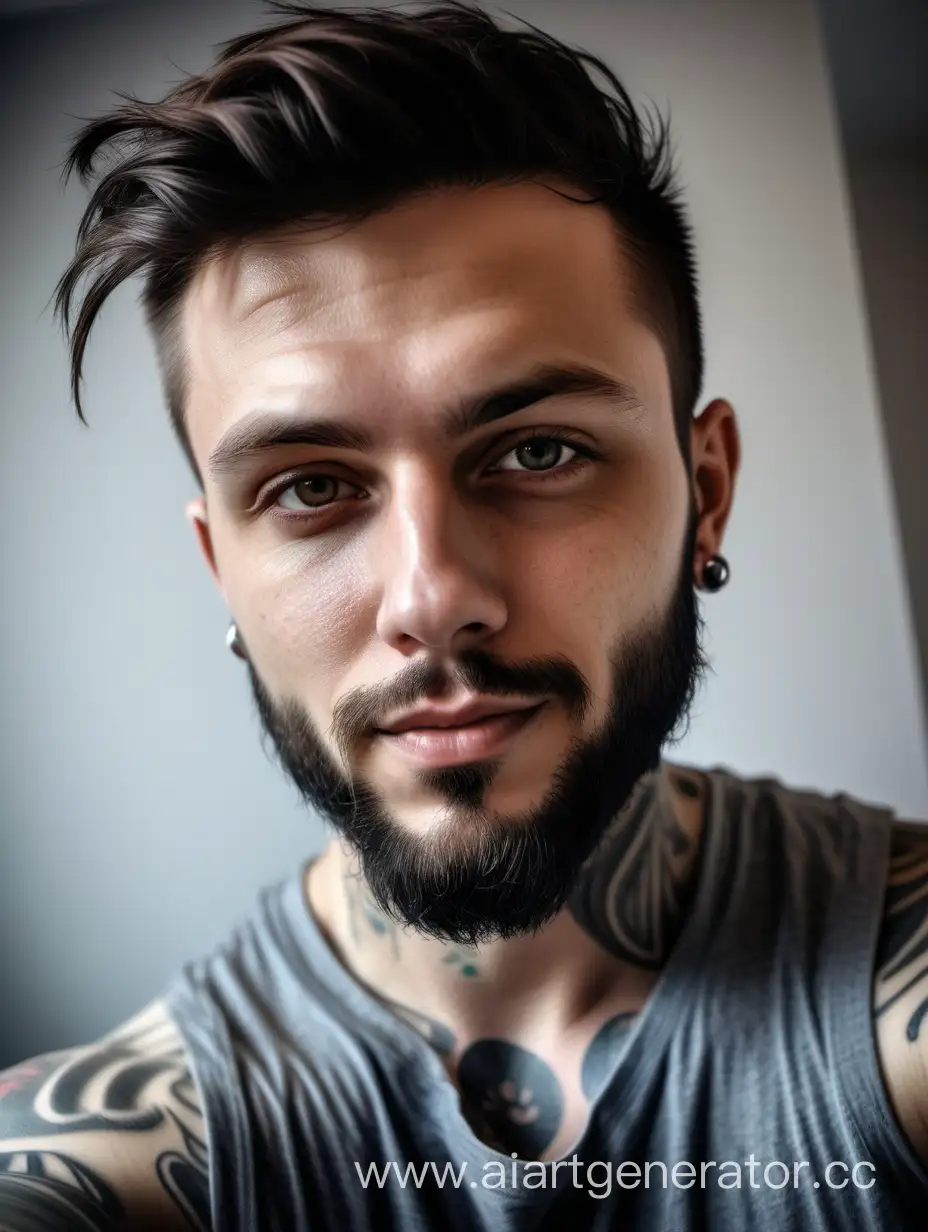 Attractive nice guy mid 30 with small beard and some tattoos, realistic style selfie