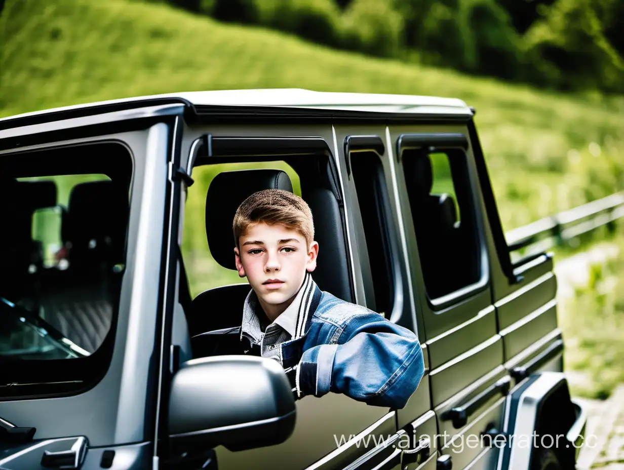 teenager boy 14 years old sitting behind the wheel of a Mercedes G series
