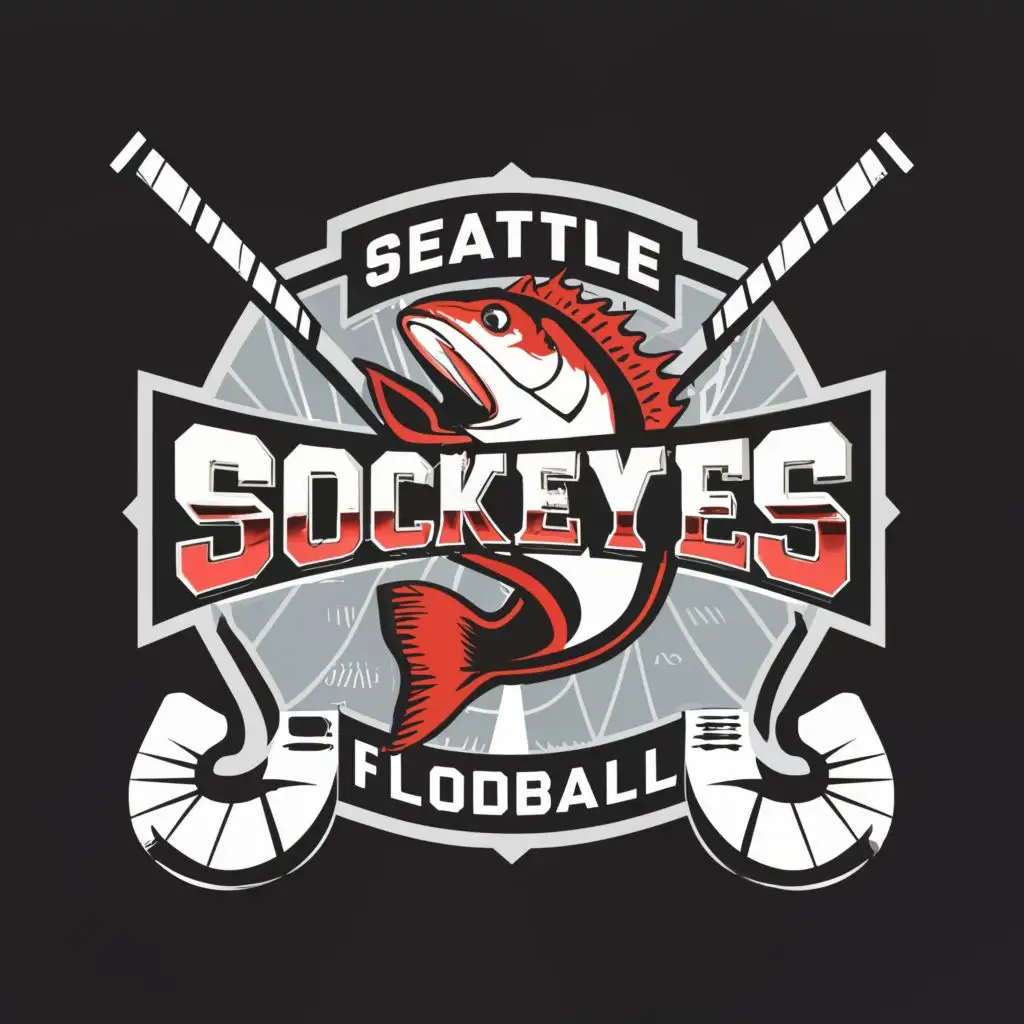 logo, Sockeyes fish, hockey stick, ball, with the text "Seattle Sockeyes Floorball", typography, be used in Sports Fitness industry
