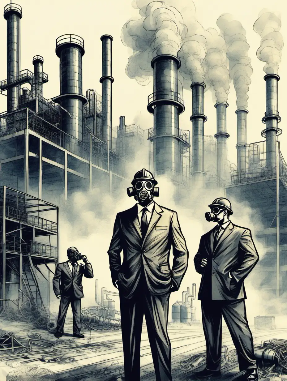 Wealthy Industrialist with Gas Mask Supervising Factory Pollution