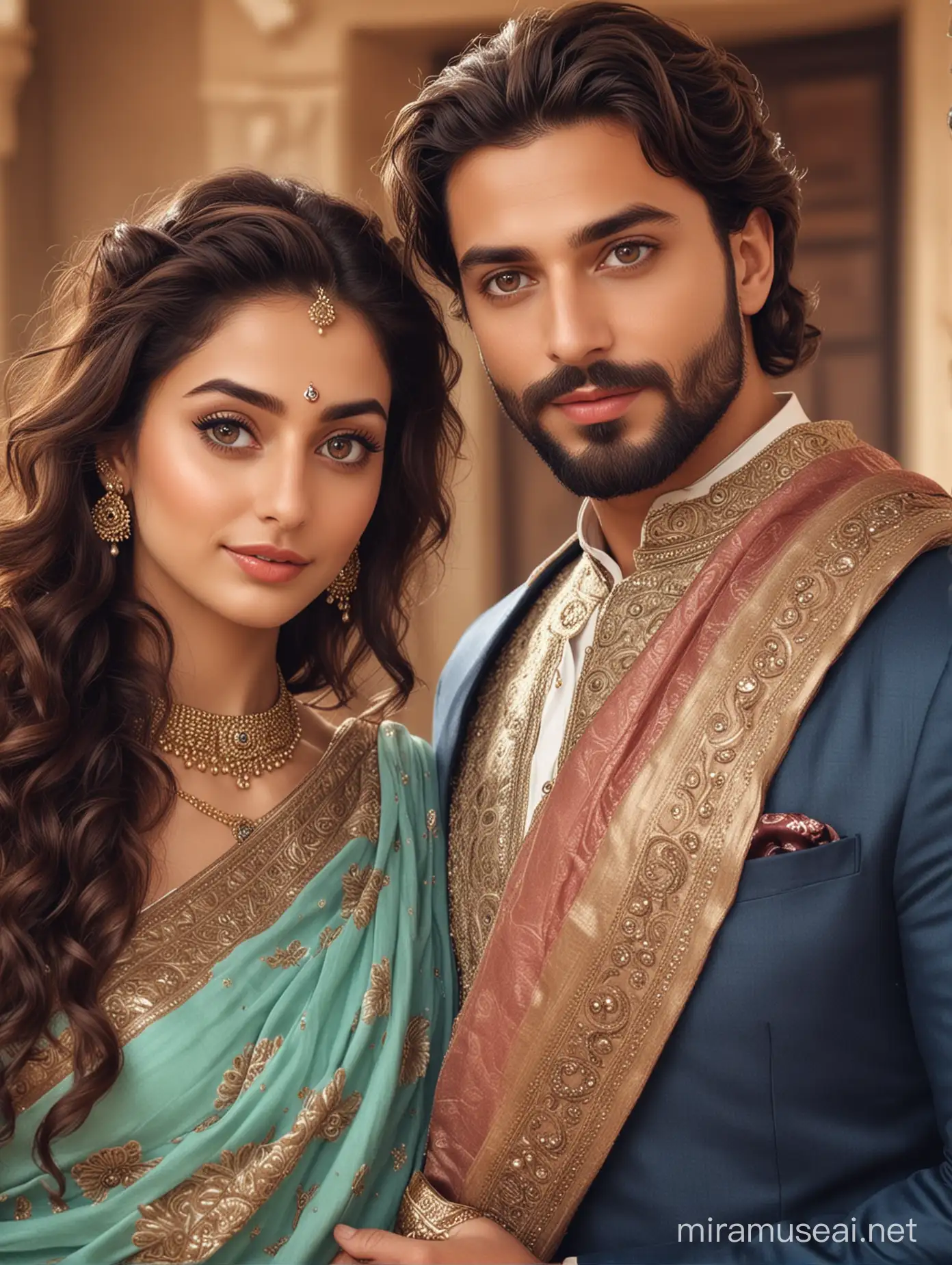 full photo of most beautiful european couple as most beautiful indian couple, most beautiful girl in elegant saree and long curly hairs, big wide eyes, full face, makeup, man with stylish beard, man perfect hair cut, formals, photo realistic, 4k.