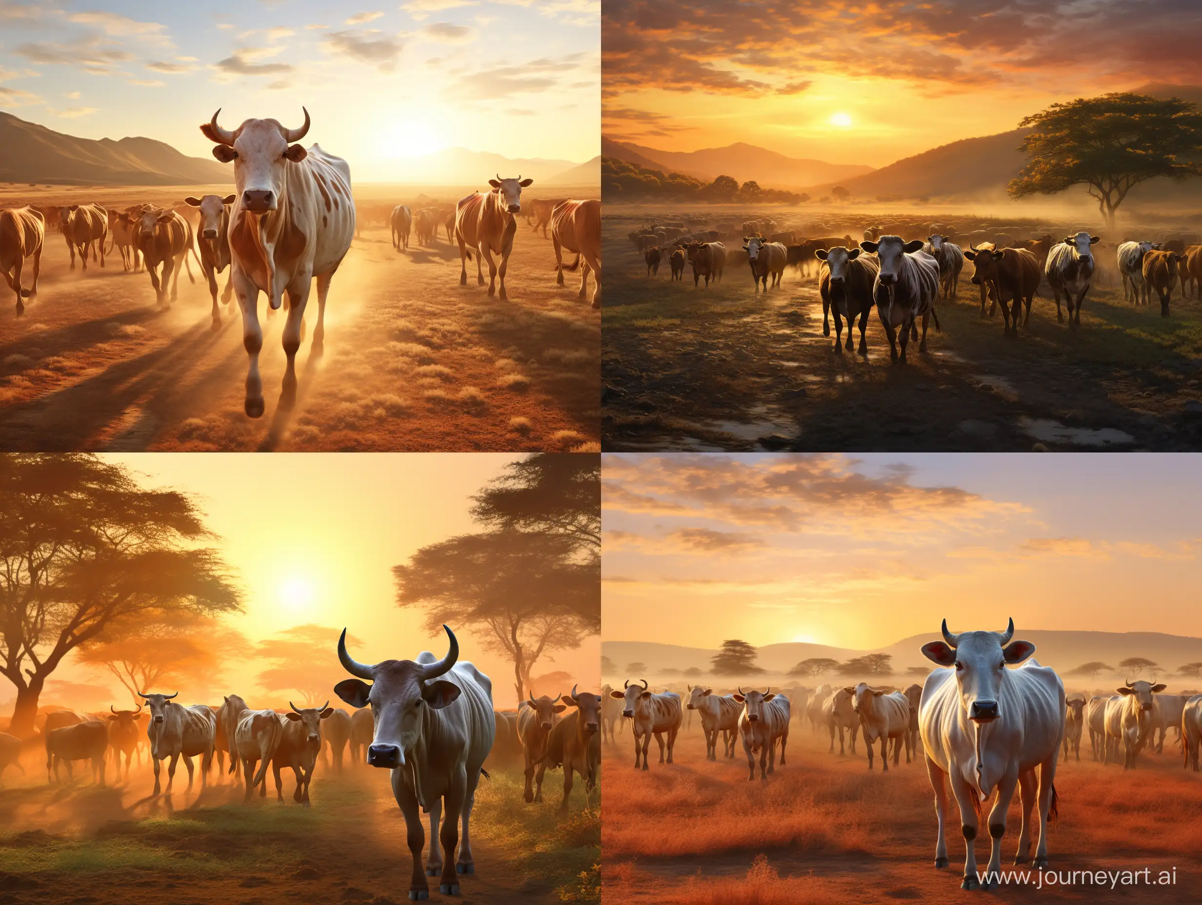 a large herd of Ethiopian cattle, during sunrise, ultra-realistic and detailed


 