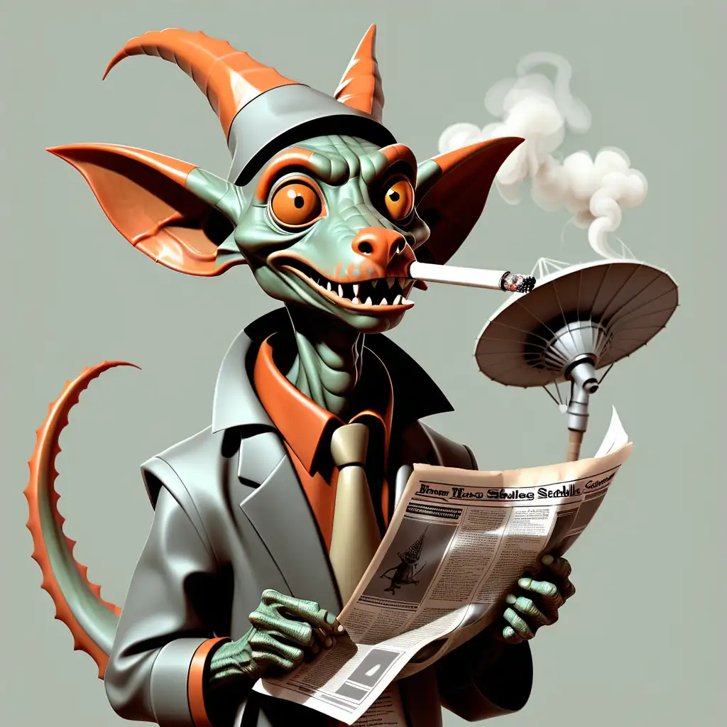 rauchender kobold ,mit Satellitenschüssel statt Ohren , in der linken Hand eine Zeitung 