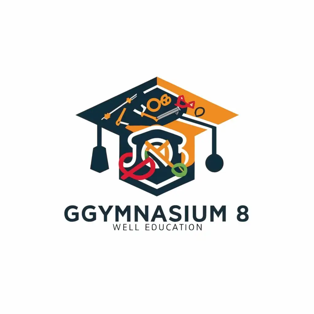 LOGO-Design-For-Gymnasium-No-8-Academic-Excellence-with-Graduation-Cap-and-School-Subjects