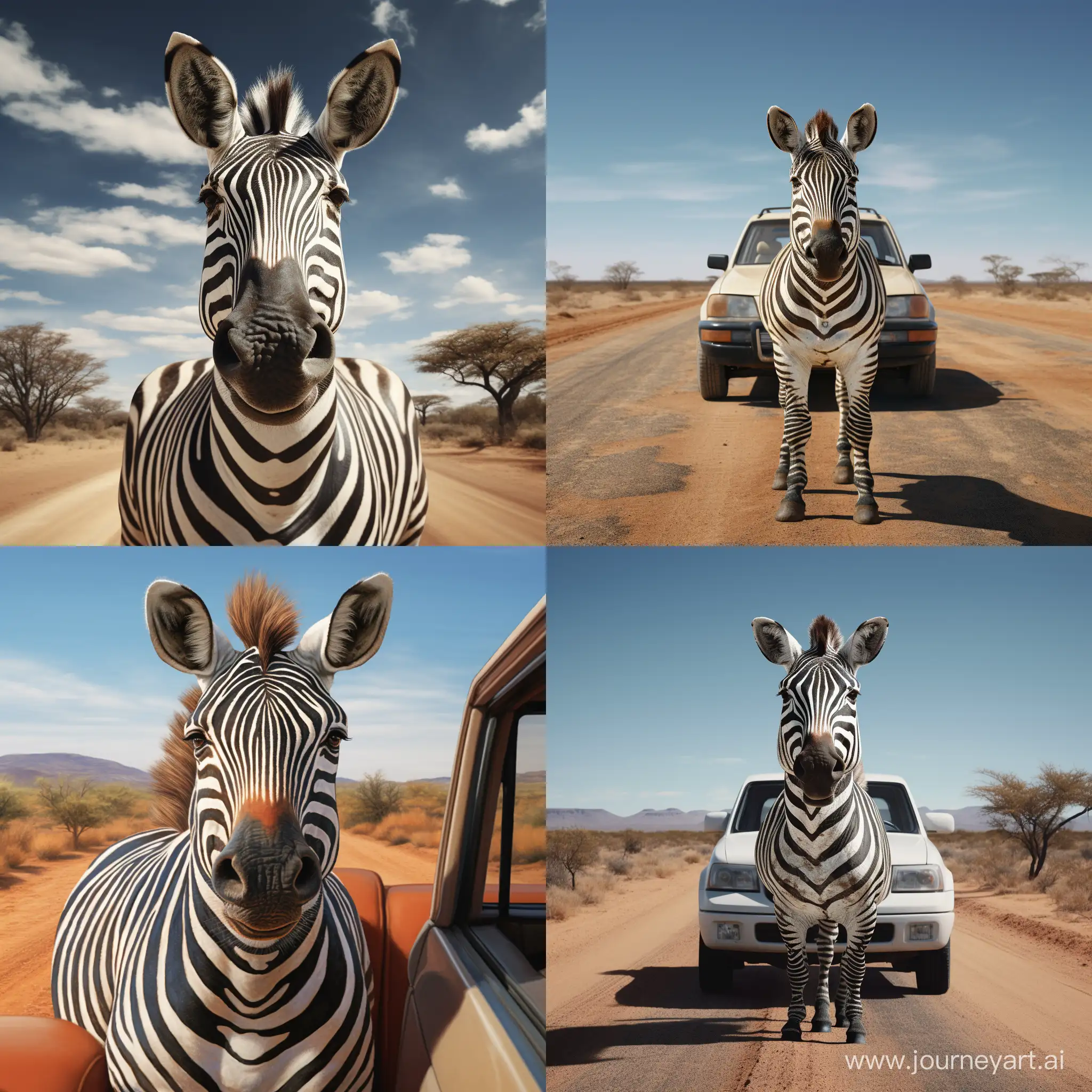 Zebra drives a car, front view