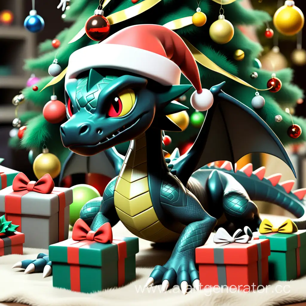 крутой черный дракон лежит под ёлкой, на которой сидят покемоны, очень много покемонов райкваза и джирачи и все они в новогодних шапках.
