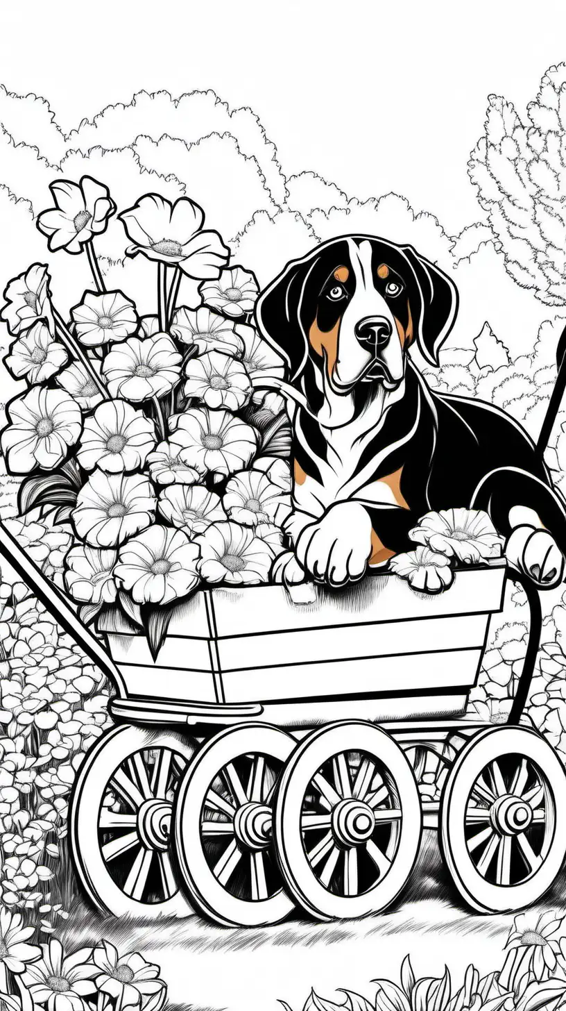 Imagine/no color, black and white, line drawing, greater swiss mountain dog,  pulling a wagon full of greater swiss mountain dog puppies, in a flower garden,Black and white,cartoon,  no shading, coloring page, line drawing