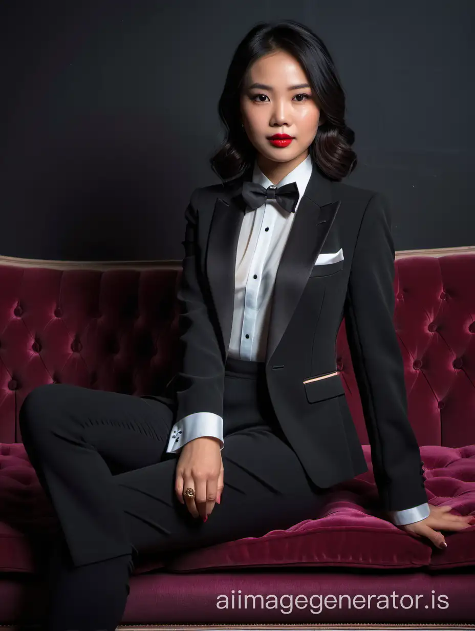 A beautiful  and stern thai woman with shoulder length black hair, and lipstick, mid-twenties of age, is sitting on a couch in a dark room.  She is wearing a tuxedo with an open black jacket and black pants.  Her shirt is white with double french cuffs and a wing collar.  Her bowtie is black.   Her cufflinks are large and black.  She is wearing shiny black high heels. She is crossing her arms.