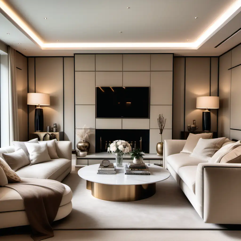 Editorial style photograph of a modern luxury cozy intimate living room in a modern mansion in London Neutral beige colour Realistic 8k photos with a canon