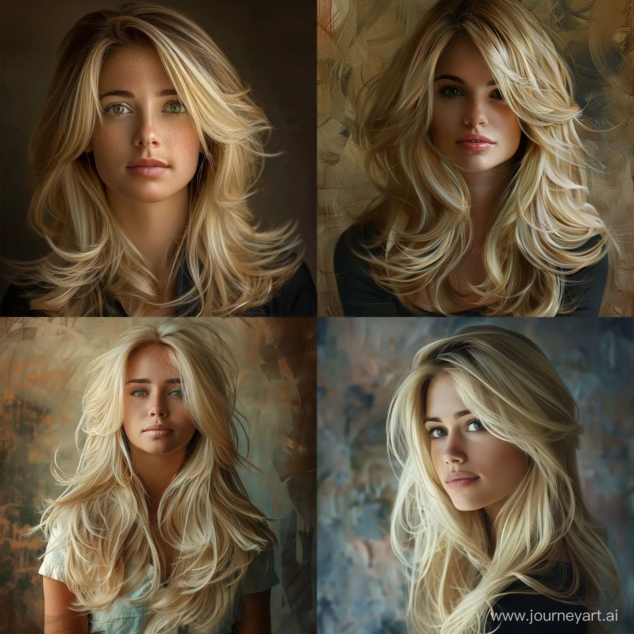 Create a stunning portrait of a woman with blonde hair, showcasing her elegant style and beauty. Pay close attention to the layers of her hair and the overall composition against a contrasting backdrop. Ensure the lighting highlights her features and brings out the vibrancy of her blonde hair. Capture her poised expression and youthful appearance with a sense of confidence and sophistication.