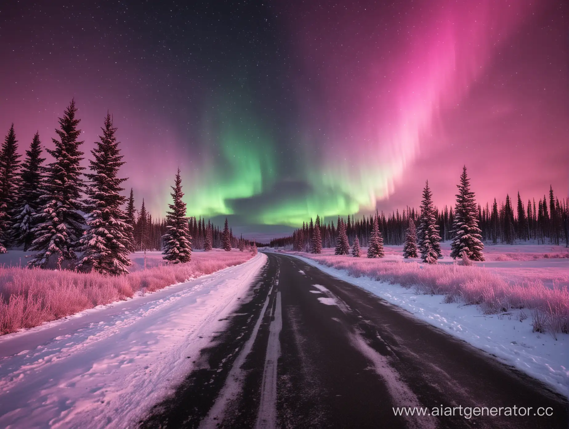 Arctic-Road-under-Pink-Northern-Lights