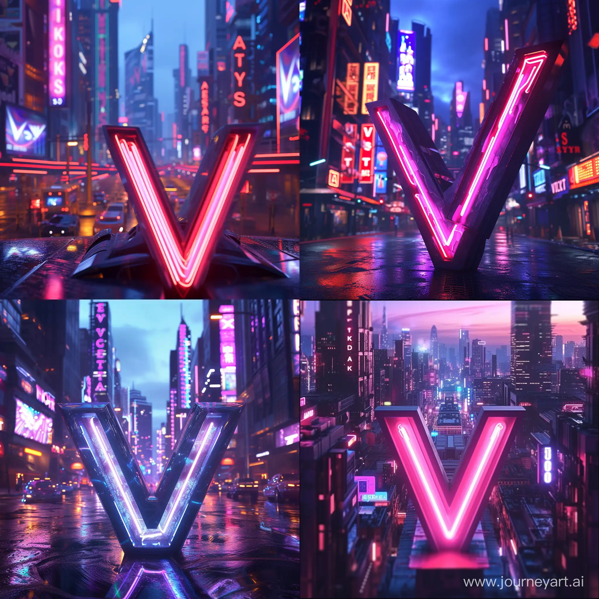Neon city like Logo with a big V in the foreground