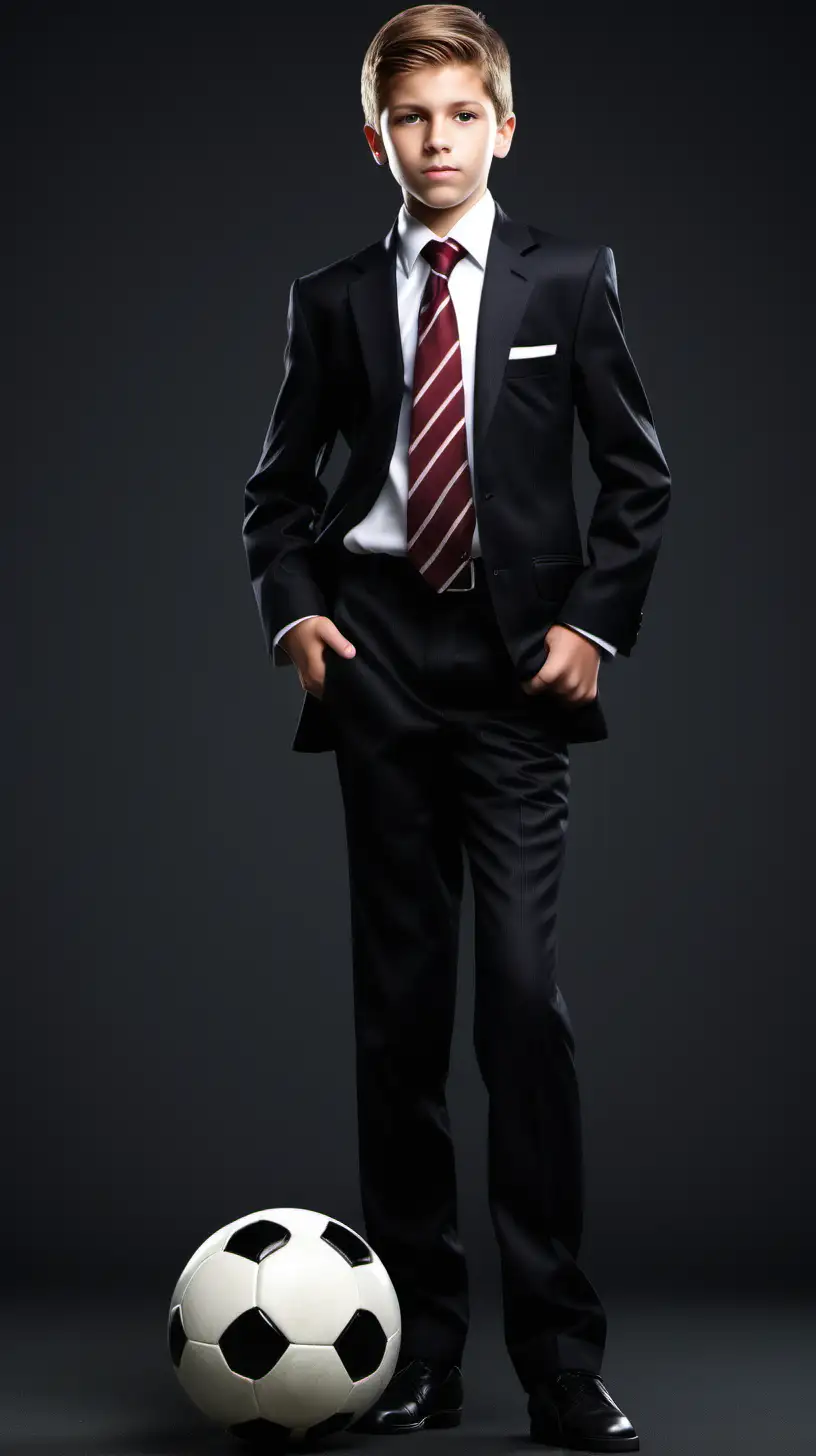 Generate a photorealistic image of a Caucasian teenage boy playing soccer in an elegant business suit complete with a tie and pocket handkerchief, maintaining a business-like demeanor. The boy should exude confidence and charisma on the soccer field while dressed formally. Ensure that the soccer scene is well-captured, with the boy displaying both his soccer skills and a sense of maturity associated with business attire. Pay attention to details, lighting, and realism to create an image that blends the formal attire with the action of playing soccer.

