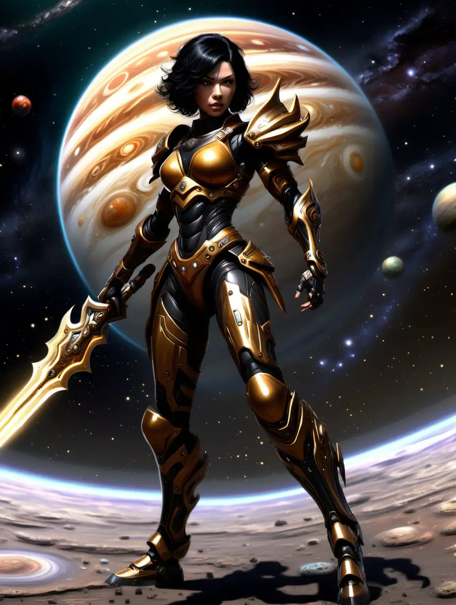 tall, fit, short flowing black hair, with tiara, female warrior, full body, in fighting stance, with cybernetic brown and gold armor, properly holding zwill blade weapon, in space floating in front of the jupiter, defender of the jupiter planet
